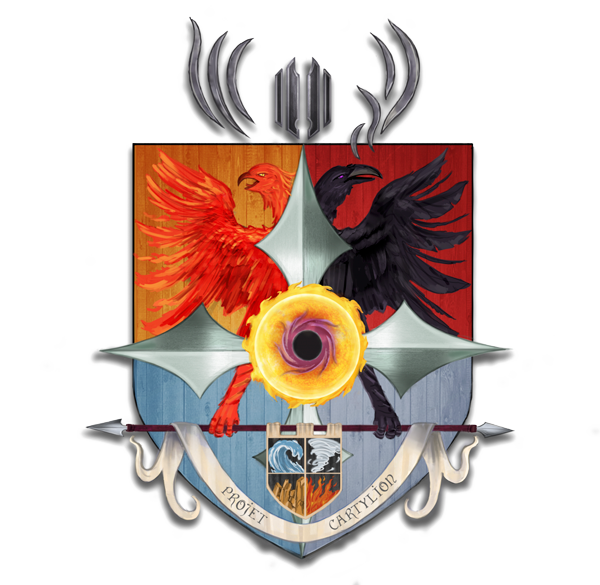 Le logo illustré du Projet CarTylion : Kur avec les 7 branches du chaos au centre du soleil formant le cercle de la croix du roi, blason de fond au couleur des quatre éléments avec de par et d'autre le phénix Azor et le corbeau de l'apocalypse, surmonté de la couronne d'acier