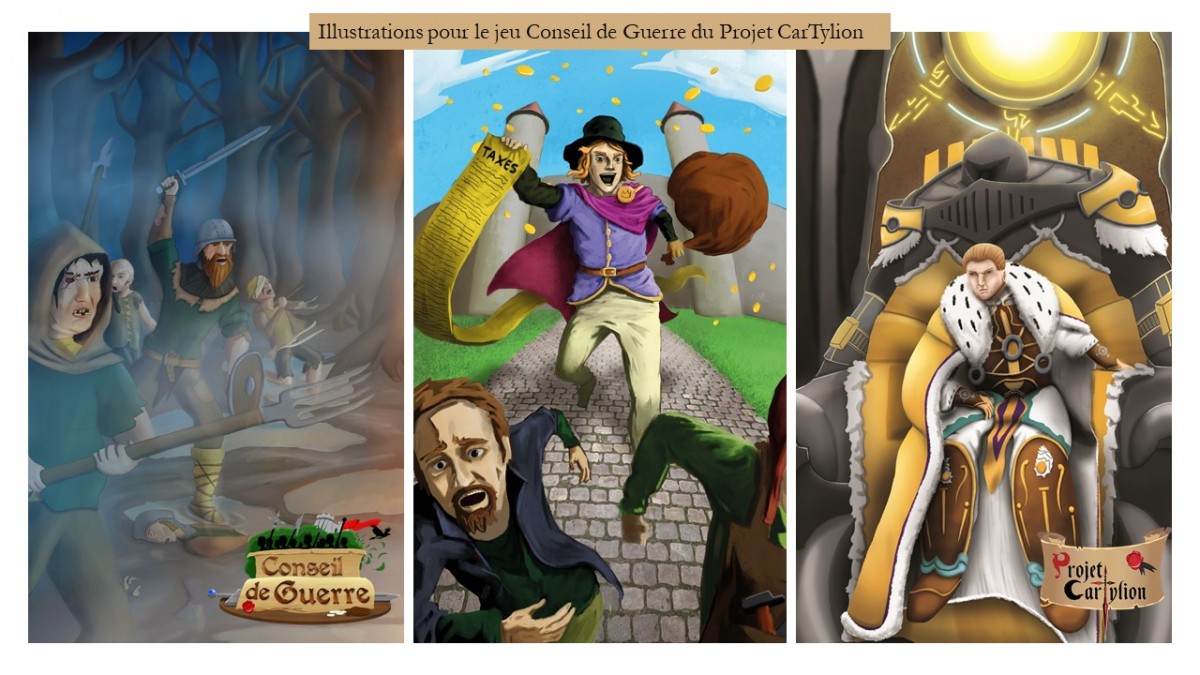 Illustrations numérique de 3 cartes du jeu Conseil de Guerre : Biffins, Collecteur et Empereur