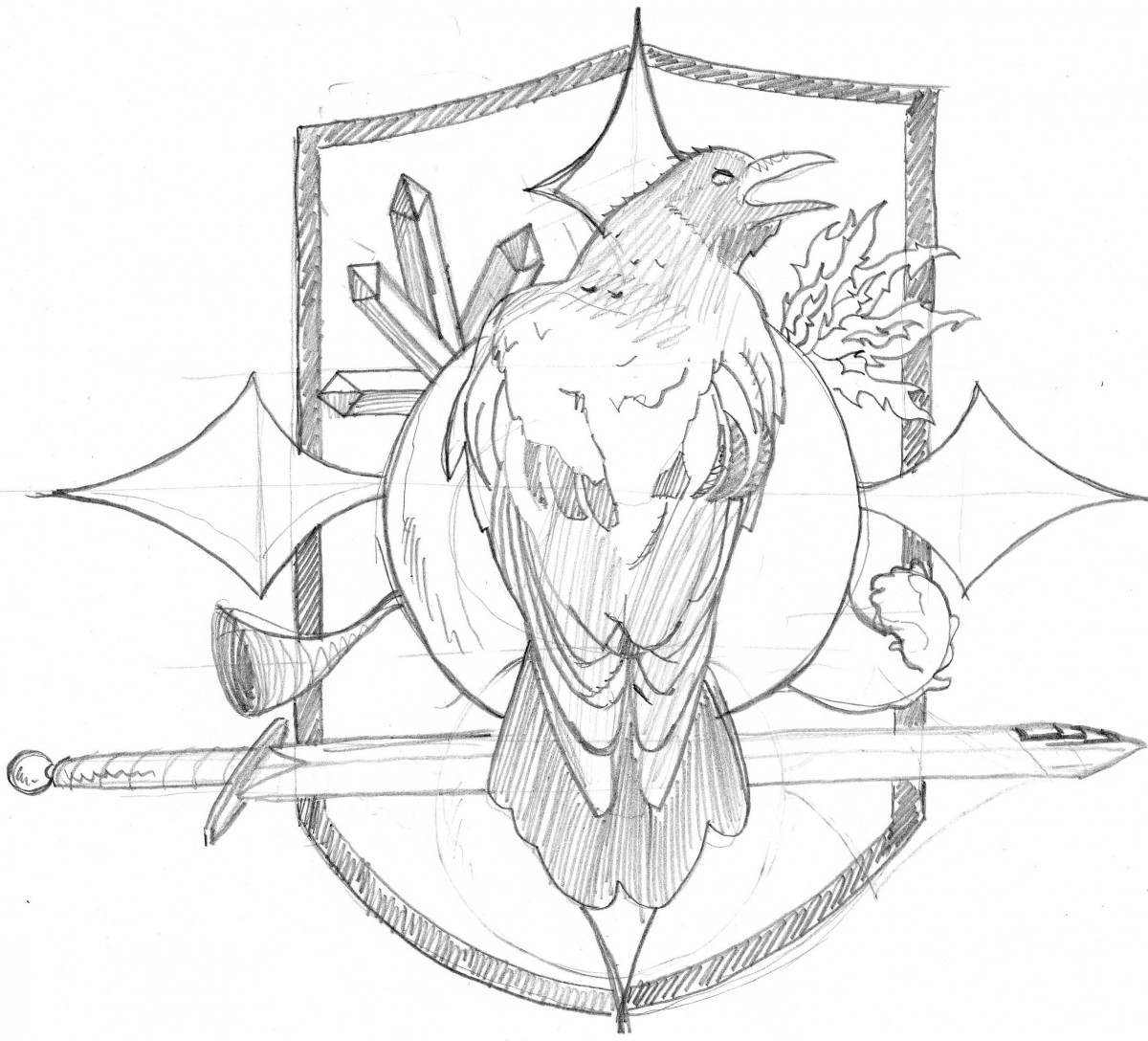 Blason avec Croix du Roi, 4 éléments et corbeau de dos devant un soleil posé sur une épée