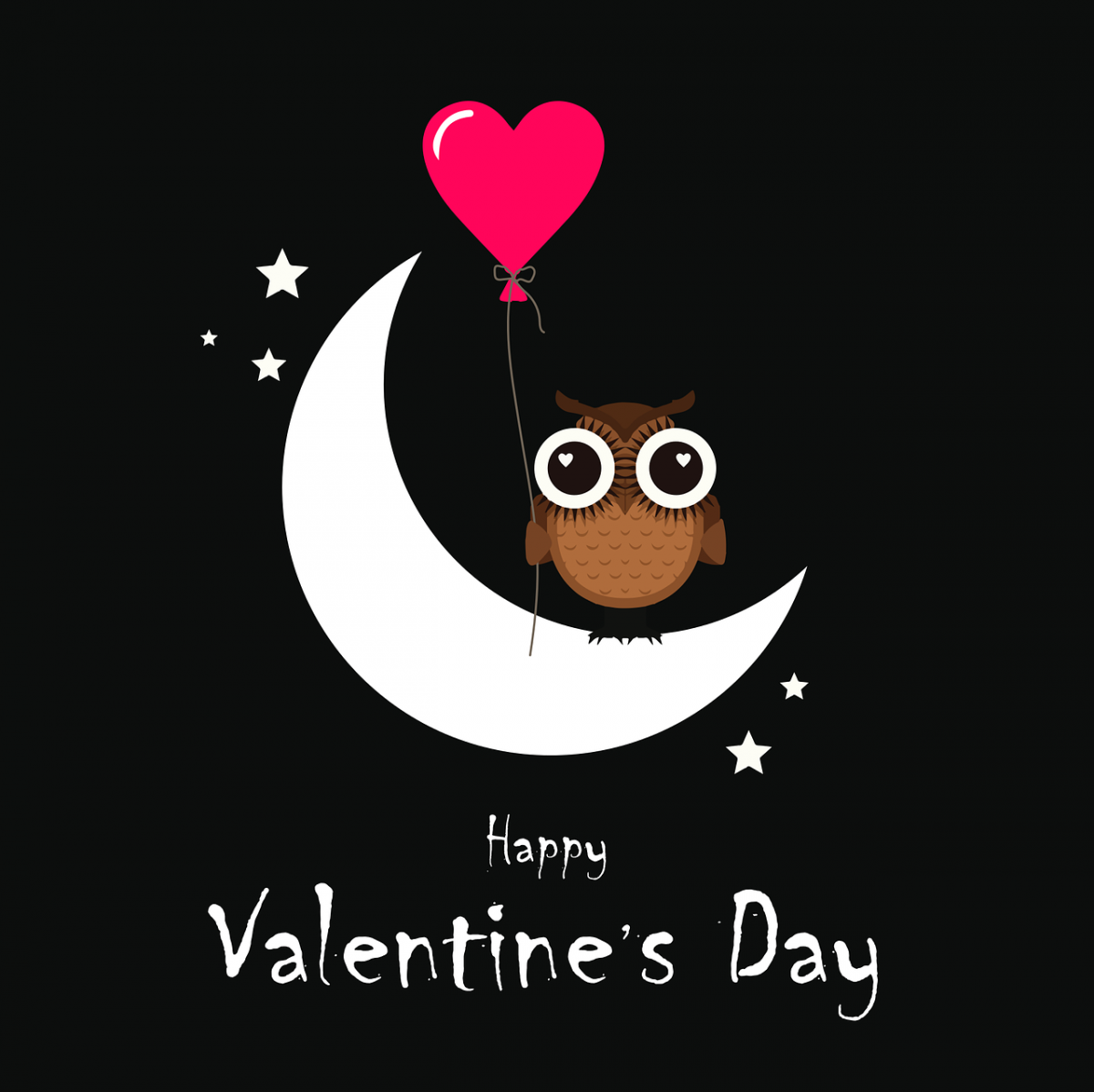 Hibou avec ballon en forme de cœur et texte "Happy Valentine's Day"