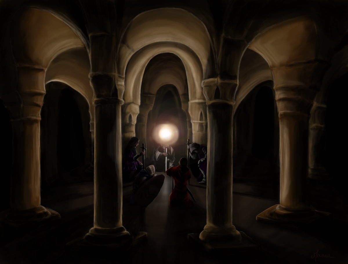 Illustration des paladins d'Andral dans une crypte