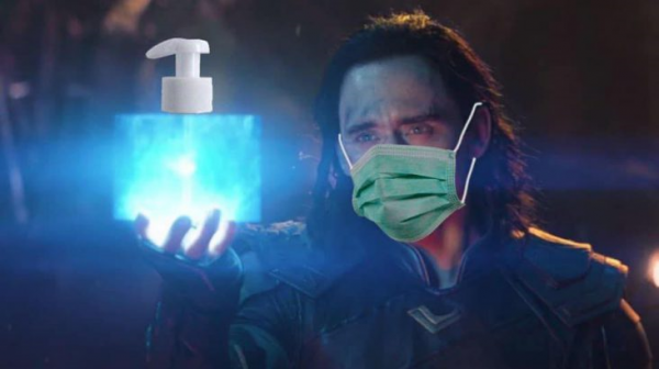 Caricature de Loki de l'univers des comics Marvel avec un masque et un tube de gel hydroalcoolique désinfectant en forme de Tesseract.