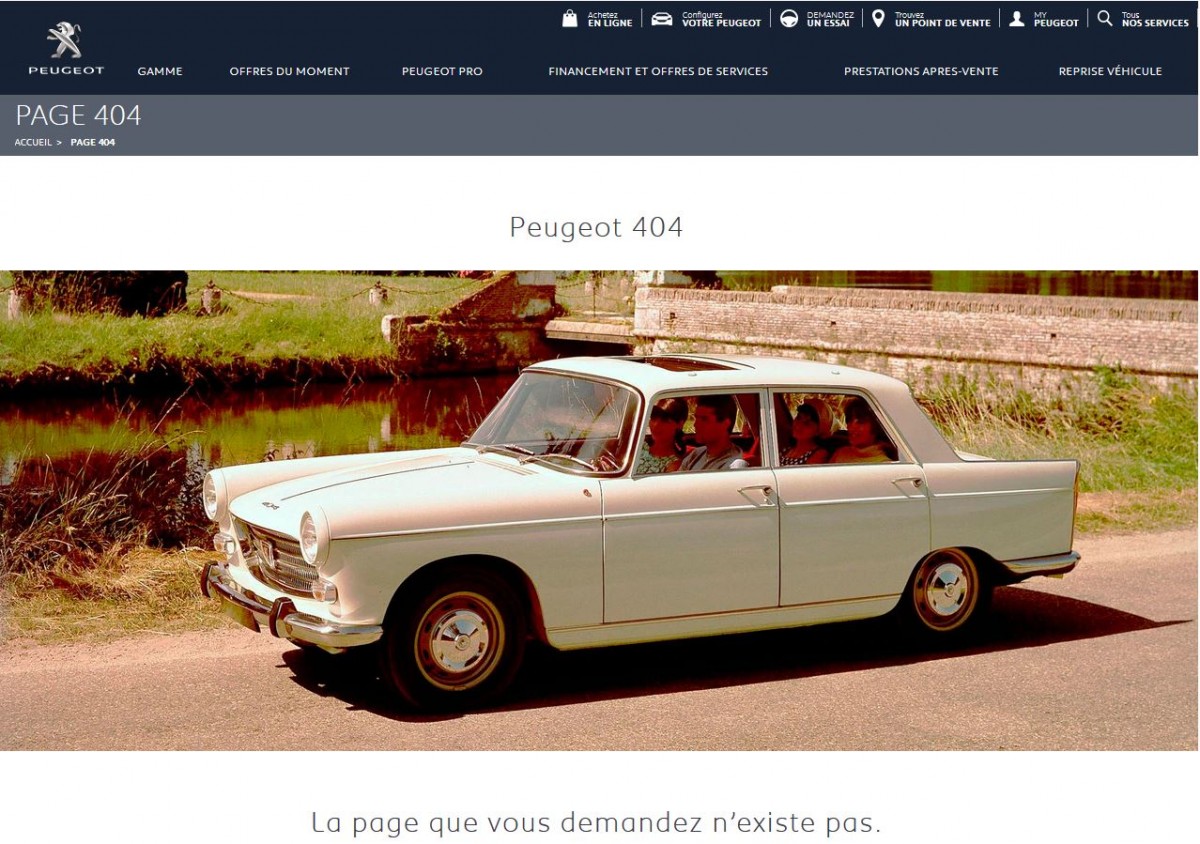 Page 404 du site Peugeot avec la voiture Peugeot 404