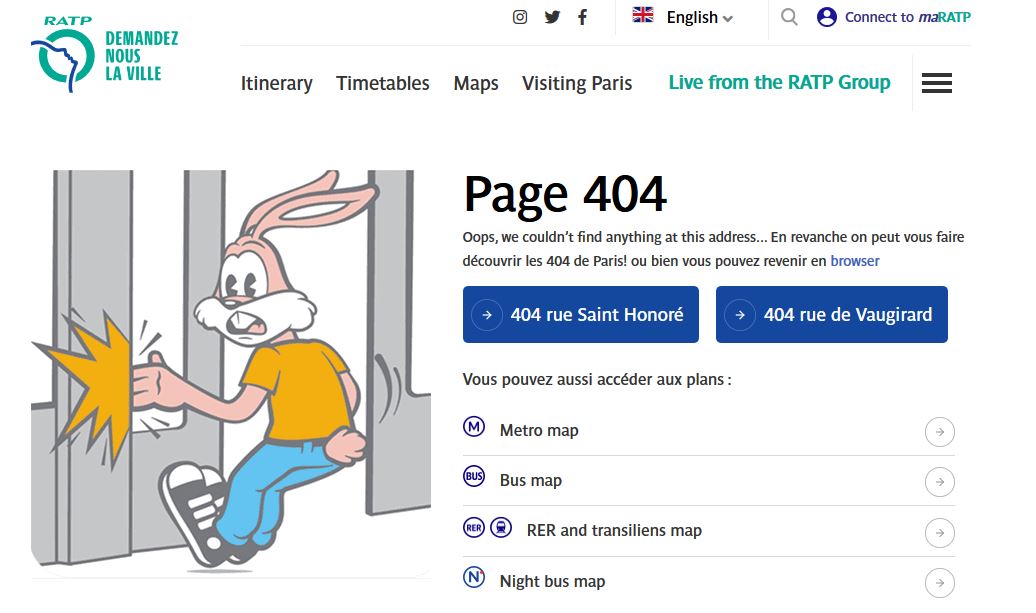Image de la page 404 du site de la RATP avec le lapin rose