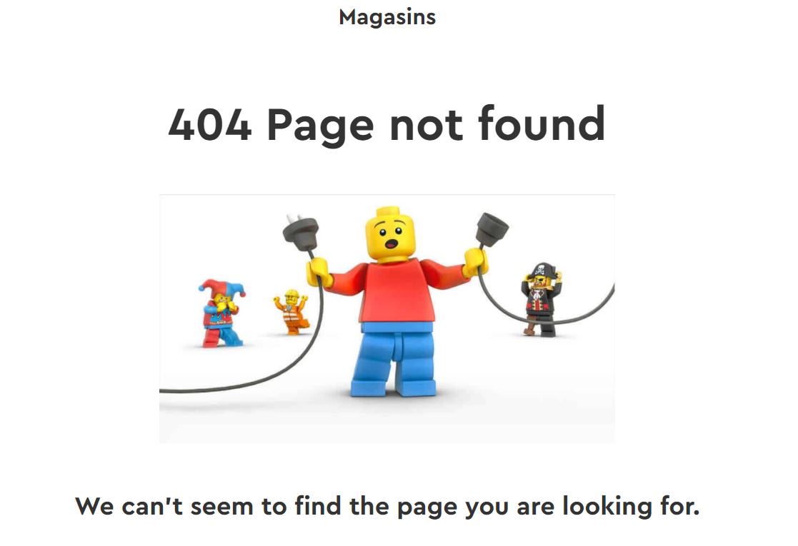 Image 404 du site web de Lego : figurine en train de brancher un câble