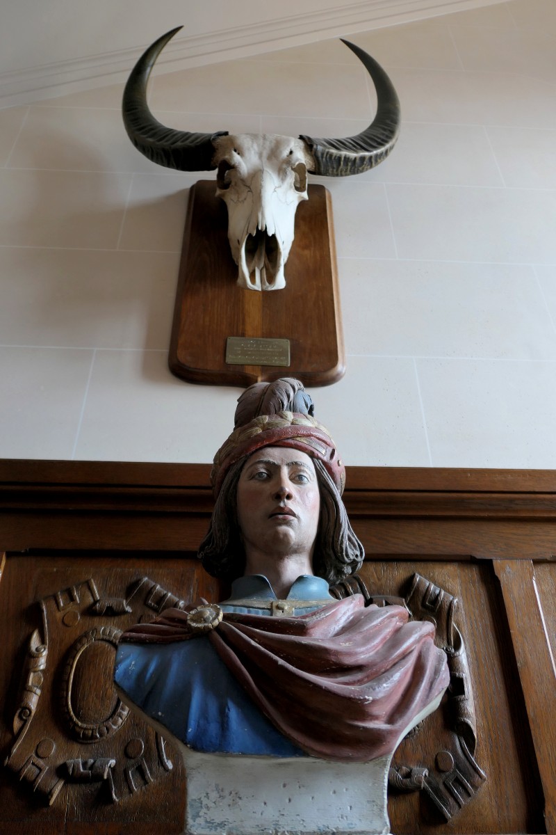Crâne de buffle au-dessus d'une statue