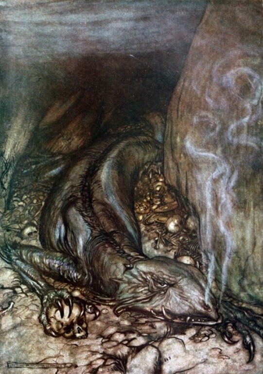 Dragon Fafnir dans une grotte sur un tas d'os, avec les naseaux fumants