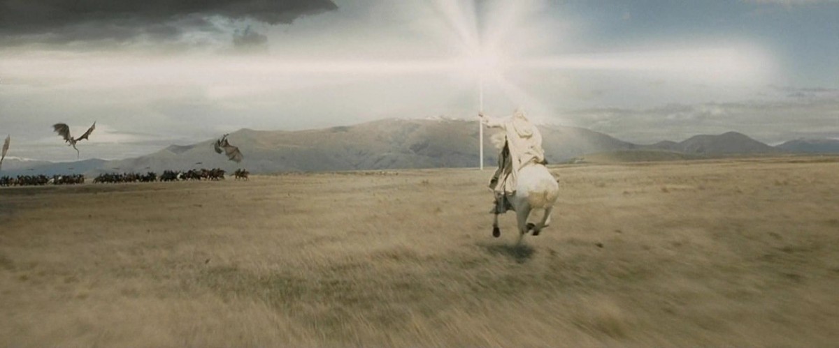 Gandalf sur un cheval avec son bâton lumineux