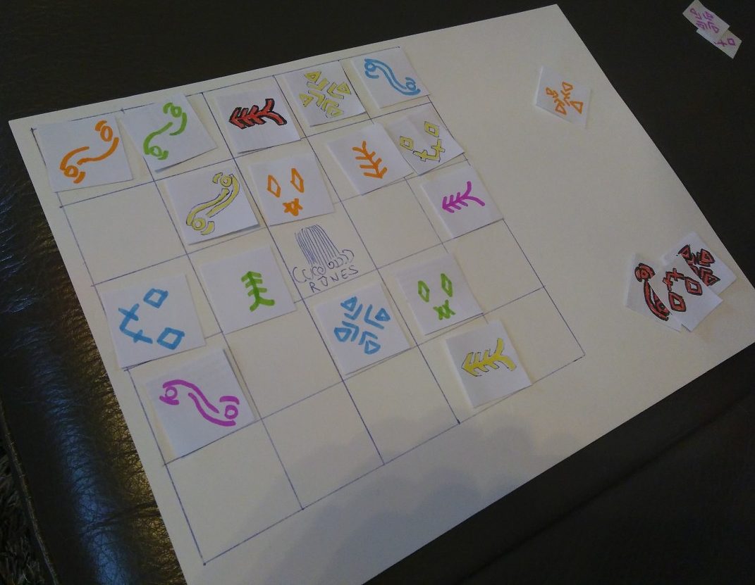 Plateau de jeu avec des symboles dessinés et colorés