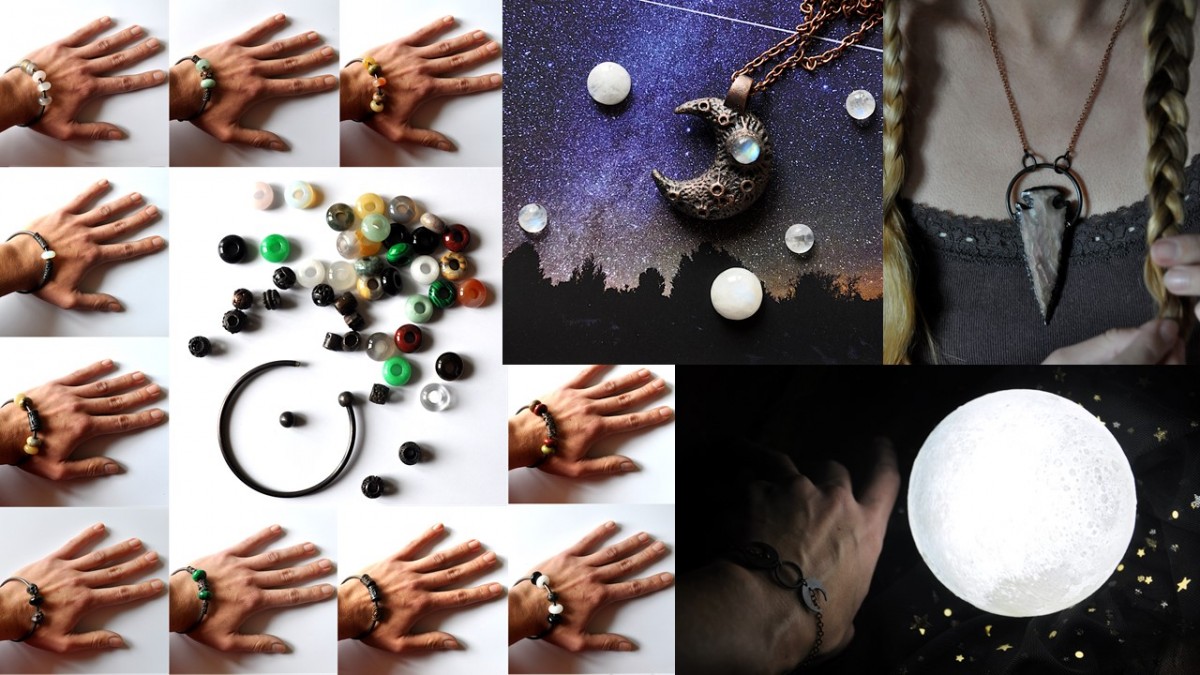 4 photos de bijoux mis en scène sur le thème de la lune