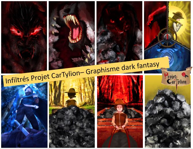 8 cartes du jeu Infiltrés en graphisme dark fantasy : 3 niveaux de Loup-garou, Dos Rôle, Rôdeur, Convoyeur, Traître, Charbon