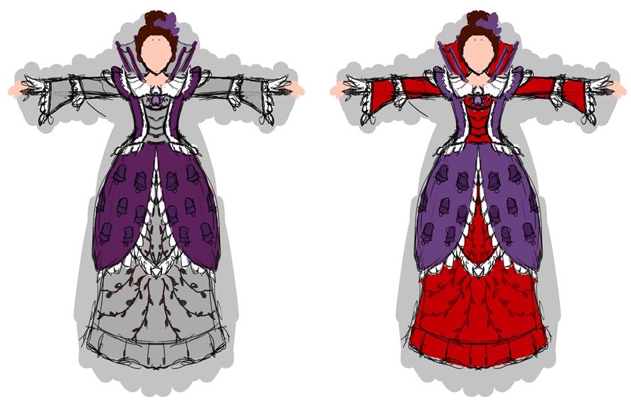 Deux images de character design de la Barenne Fleur avec pose des couleurs : argent, violet et rouge