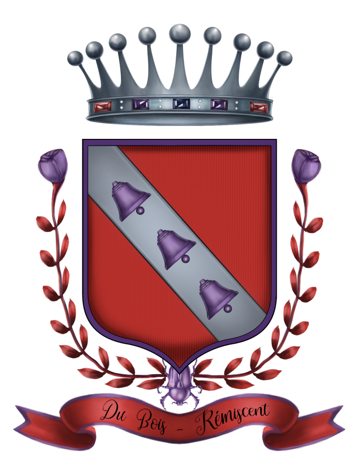 Blason rouge avec 3 cloches violettes sur bande argentée avec couronne argentée