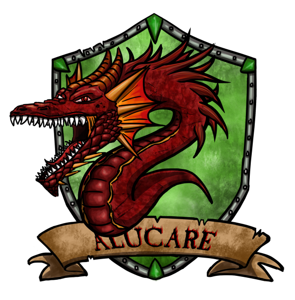 Dragon rouge devant un blason vert avec un parchemin indiquant Alucare en-dessous