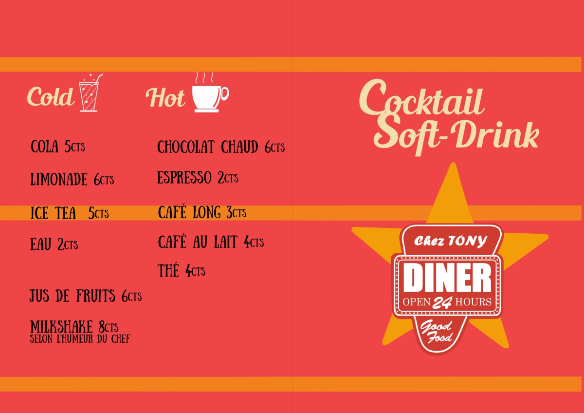 Carte de boissons chaudes et froides d'un diner des années 1950
