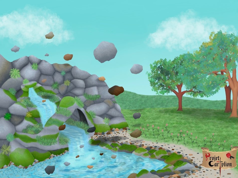 Dessin de cascade sortant d'un rocher avec des pierres en lévitation autour, un espace herbu et quelques arbres