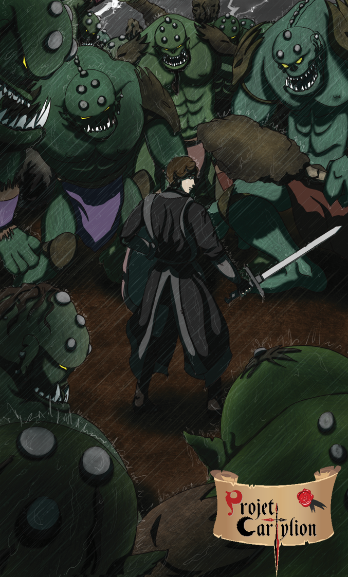 Un homme avec une épée faisant face à des grands ogres verts