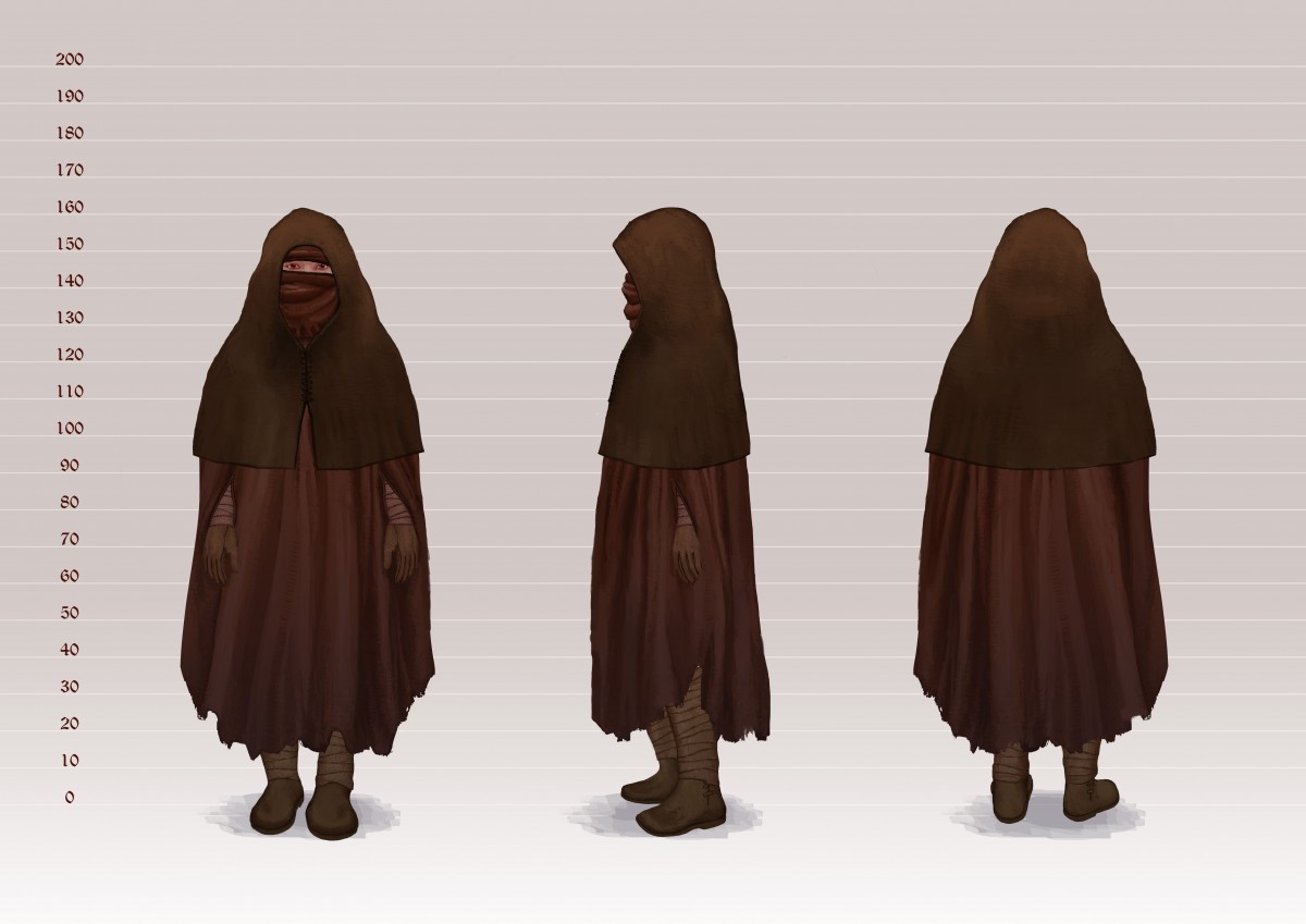 Morphologie Belarian femme avec costume (foulard, voile, sorte de poncho, botte)