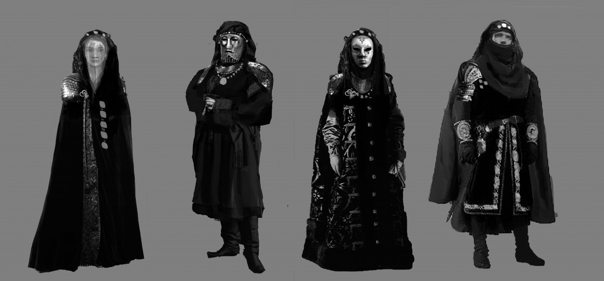 4 costumes de nobles en niveaux de gris