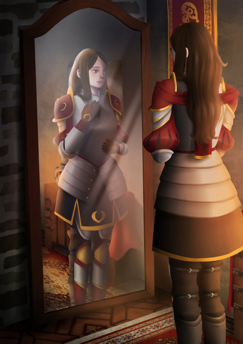 Jeune femme enfilant son armure devant un miroir - Illustration de la nouvelle Vinn - Épilogue