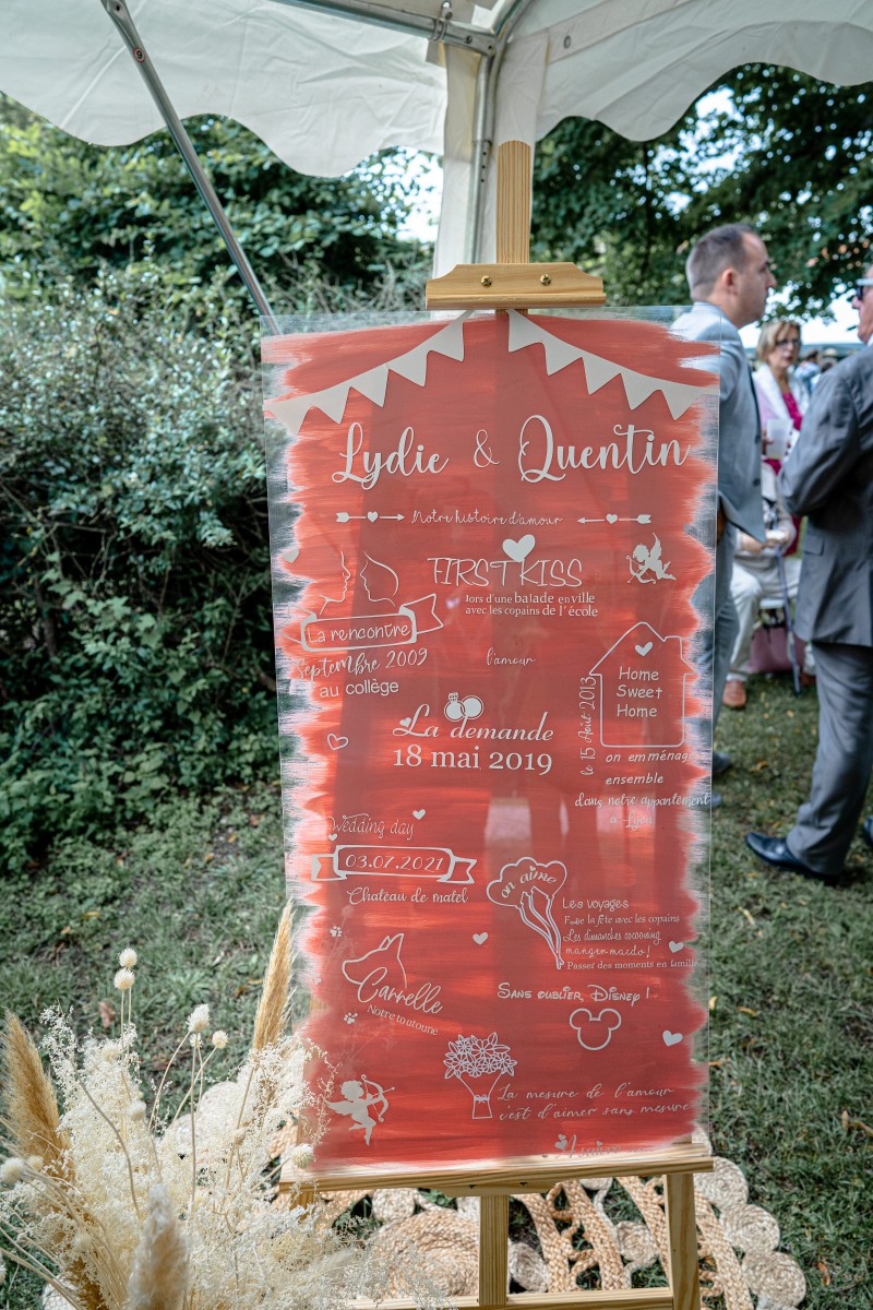 Panneau rose et blanc présentant l'histoire des mariés avec toutes les dates importantes