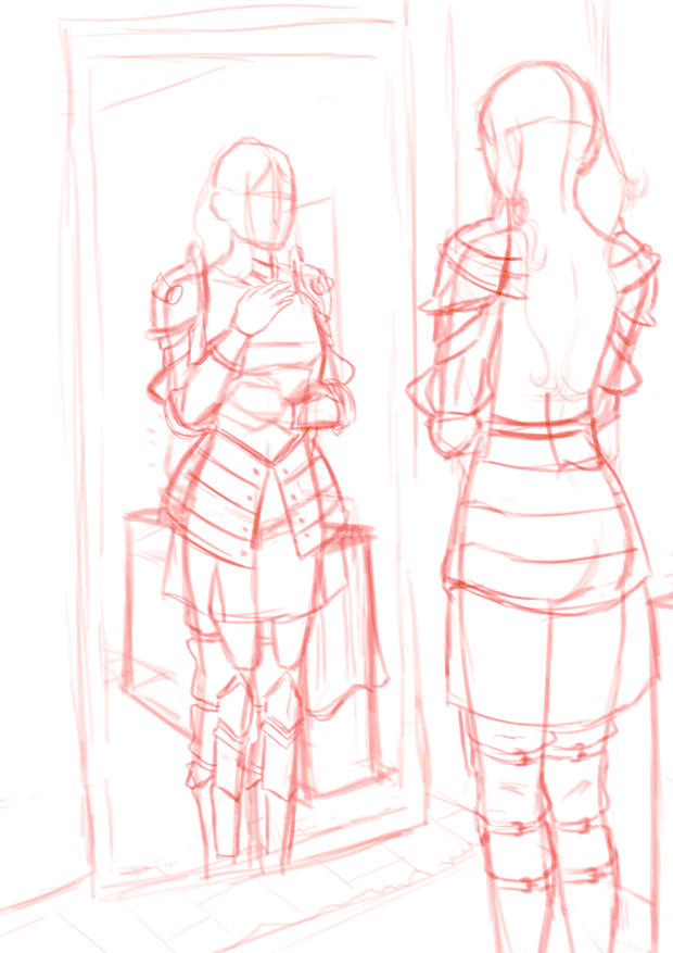 Jeune femme enfilant son armure devant un miroir - Gif présentant la construction de l'illustration de l'Épilogue de la nouvelle Vinn