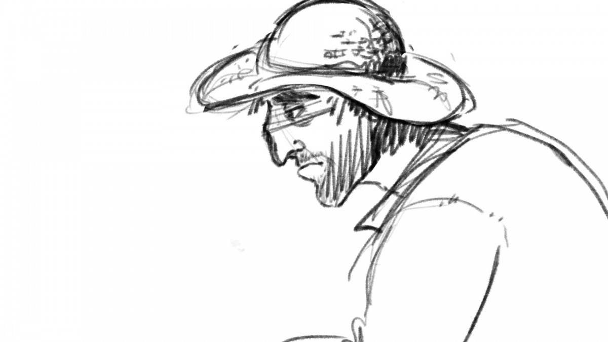 Homme de profil avec un chapeau de paille - dessin noir et blanc