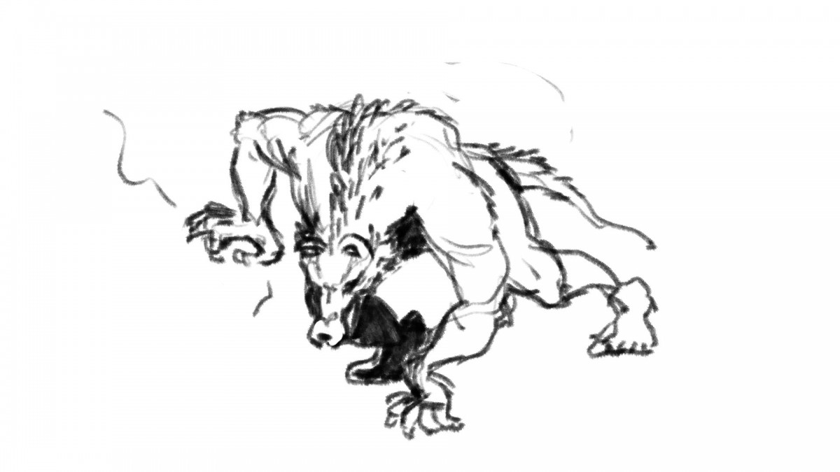 Loup accroupi - dessin en noir et blanc