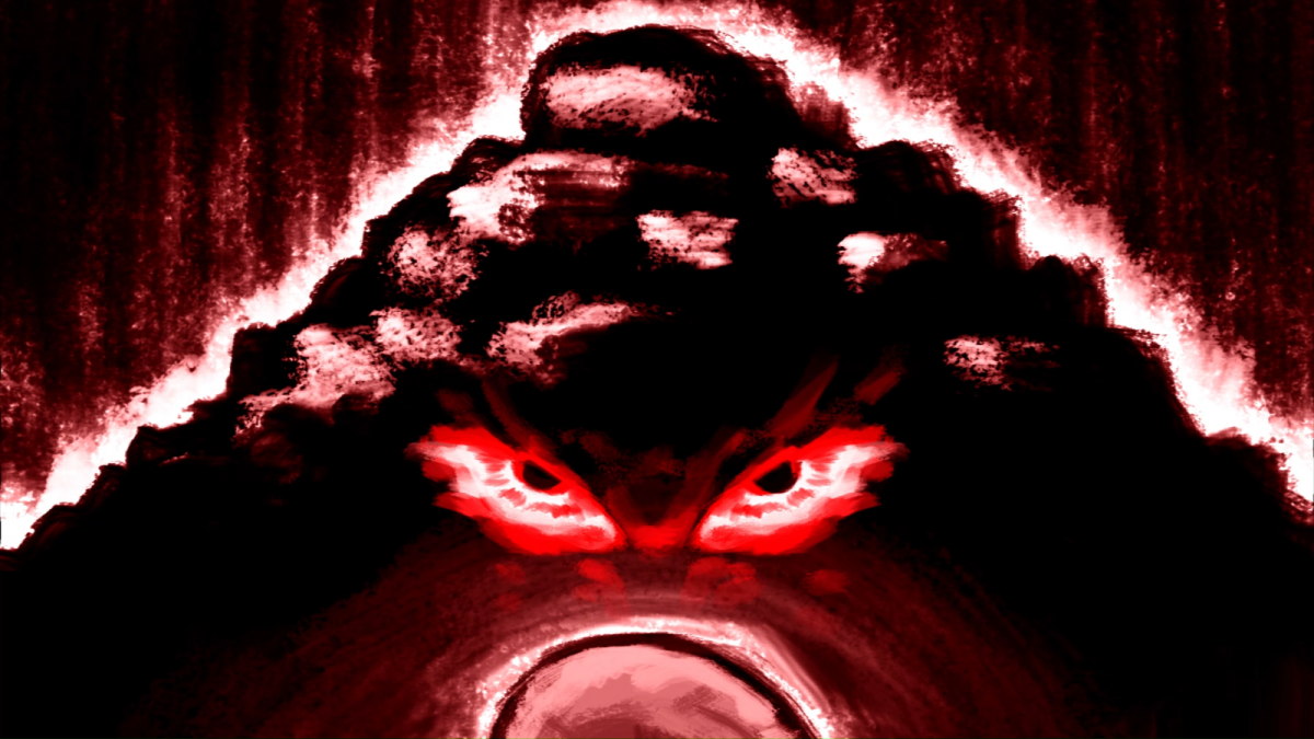 Tas de charbon sur fond rouge et yeux rouges - extrait de la vidéo Infiltrés