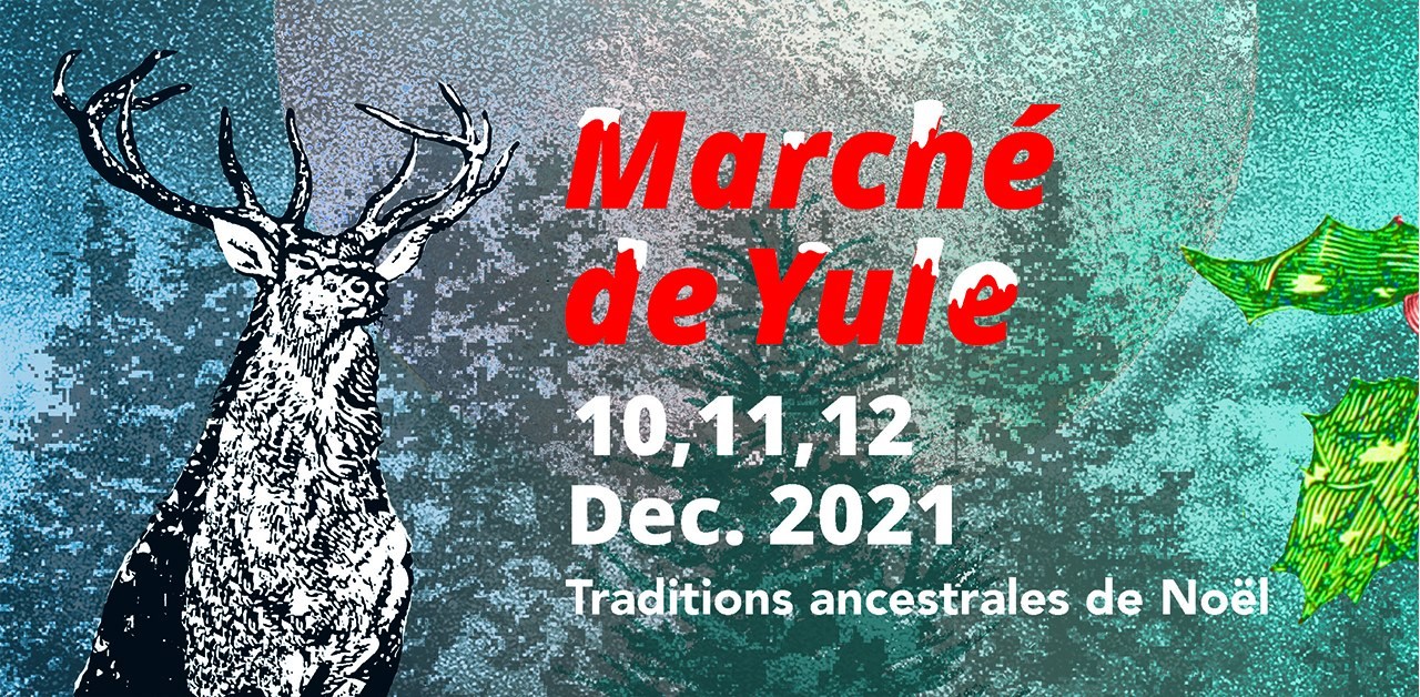 Affiche enneigée présentant le marché de Yule avec des traditions ancestrales de Noël