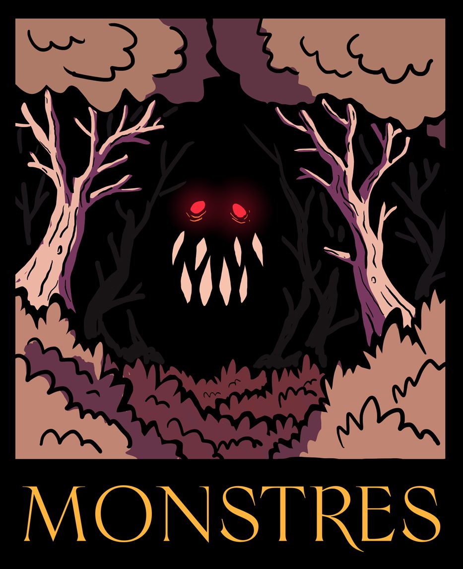 un monstre tapis dans une forêt sert d'illustration au titre monstres de la nouvelle de vincent
