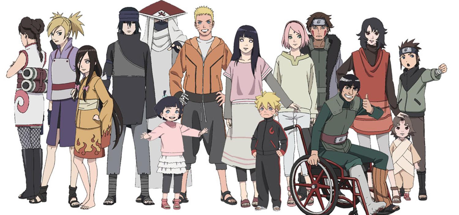 Brochette de personnages du manga Naruto, dont notamment Naruto, sa femme Hinata Hyûga, ses enfants
