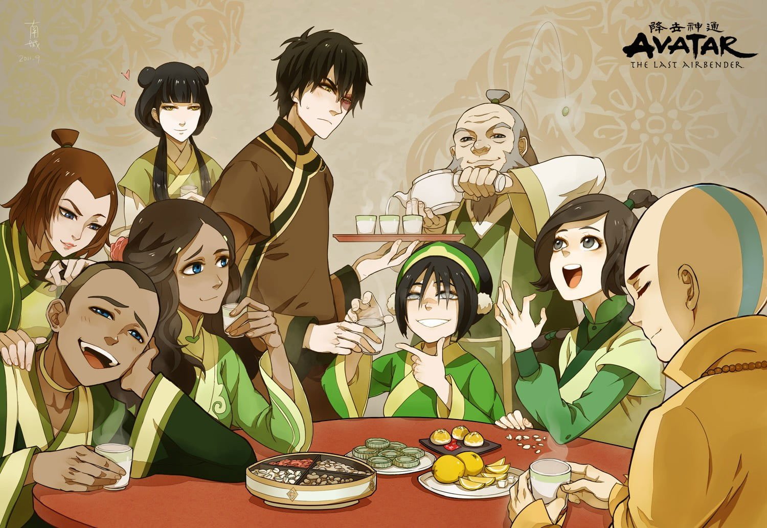 Plusieurs personnages principaux regroupés autour d'une table où il y a à manger (Sokka, Katara, Zuko, Toph, Iroh, Aang) - Avatar le dernier maître de l'air
