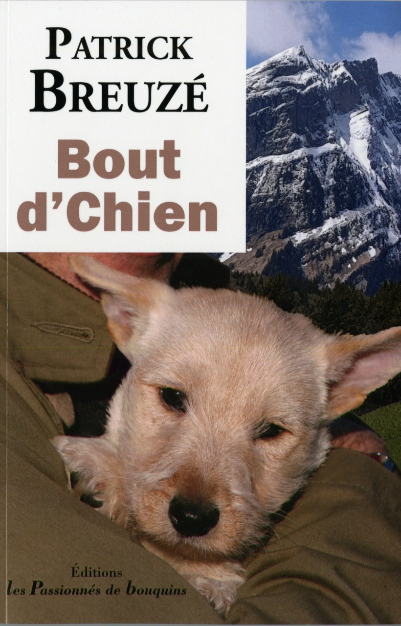 Première couverture du livre "Bout d'chien" avec un chien dans les bras d'un homme âgé devant une montagne