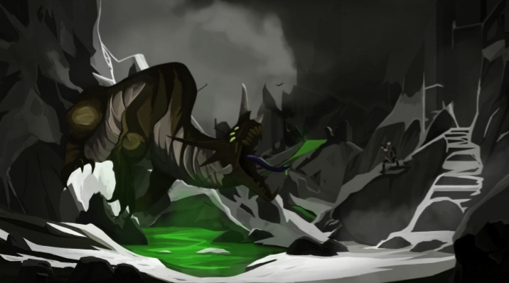 Illustration d'une scène de combat confrontant un personnage (Boumli) et un dragon