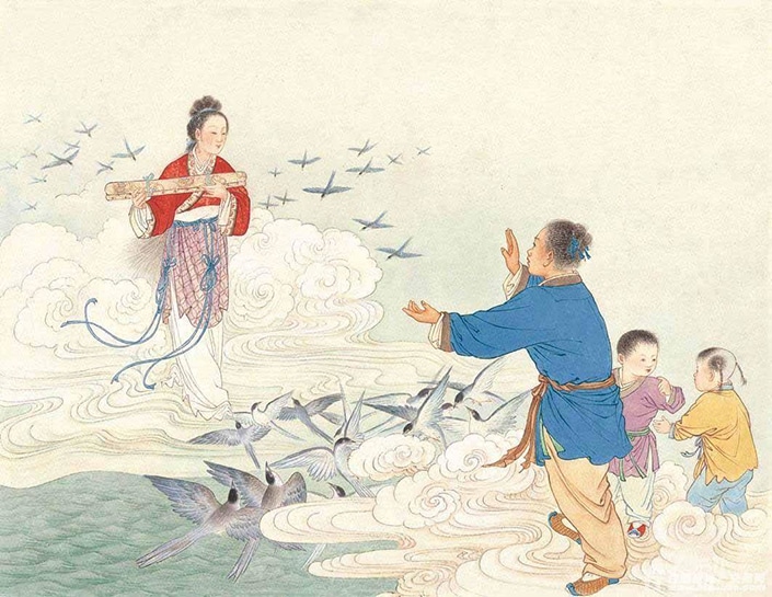 Dessin de style chinois d'une femme et d'un homme avec deux jeunes enfants dans le ciel au-dessus des nuages avec des oiseaux