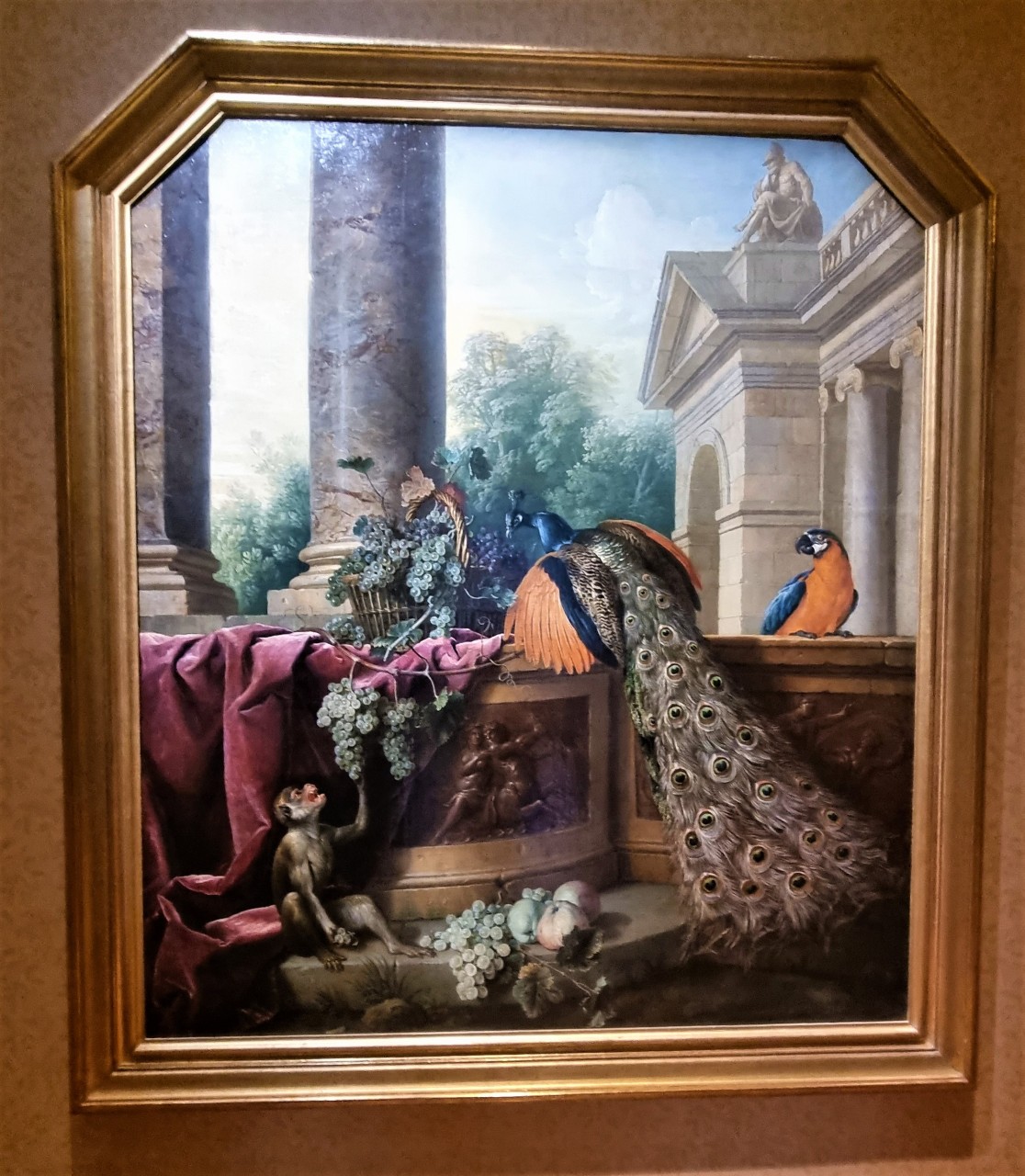 Tableau présentant un paon, un ara et un singe dans les jardins du château de Versailles