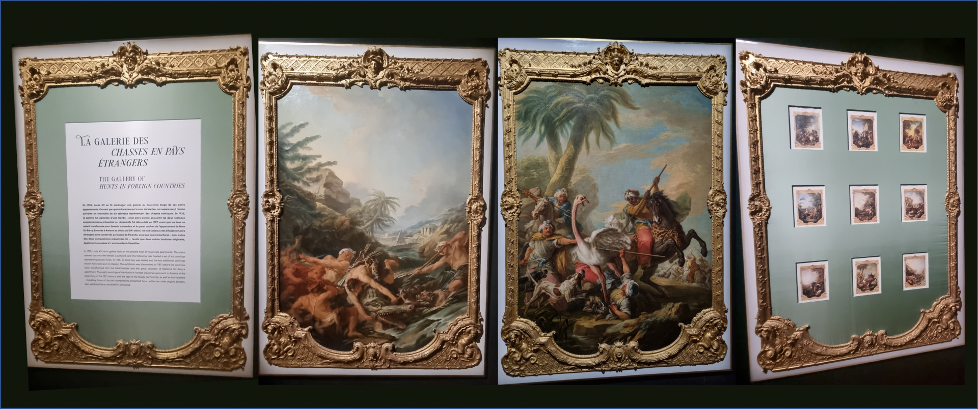 Galerie de 4 tableaux avec une bordure dorée représentant des chasses exotiques (autruches, crocodiles, ...)