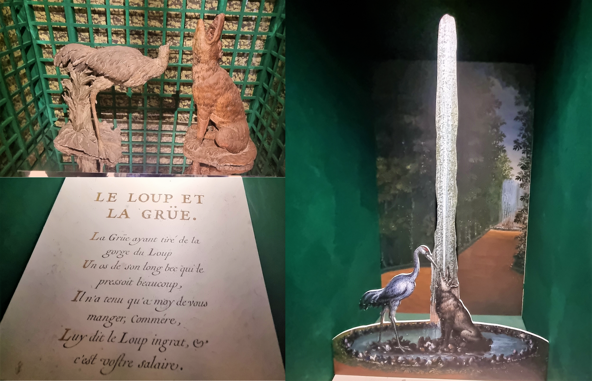 Montage présentant le texte de la fable d'Esope Le loup et la grue, une représentation, ainsi que l'état actuel de la fontaine