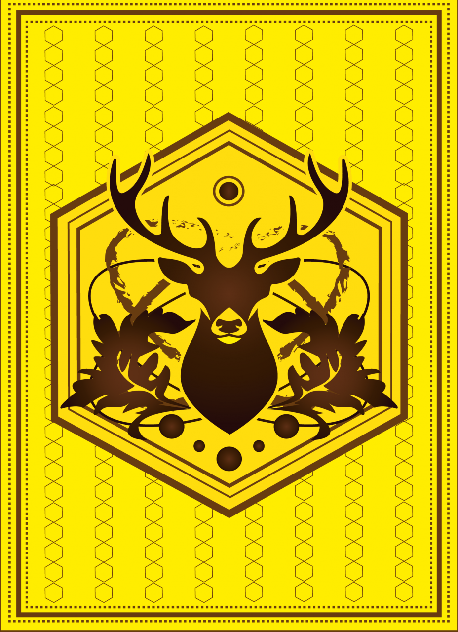 Dos de carte jaune avec des motifs marron dont une tête de cerf