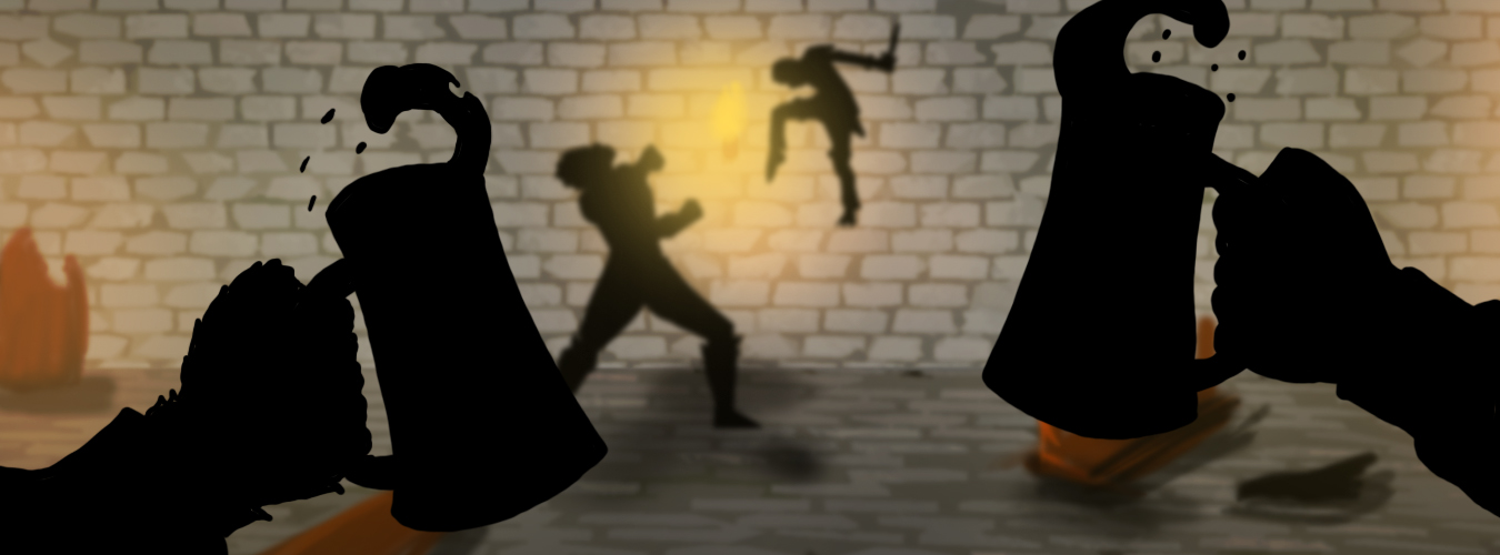 Jeu d'ombres : deux chopes devant un combat